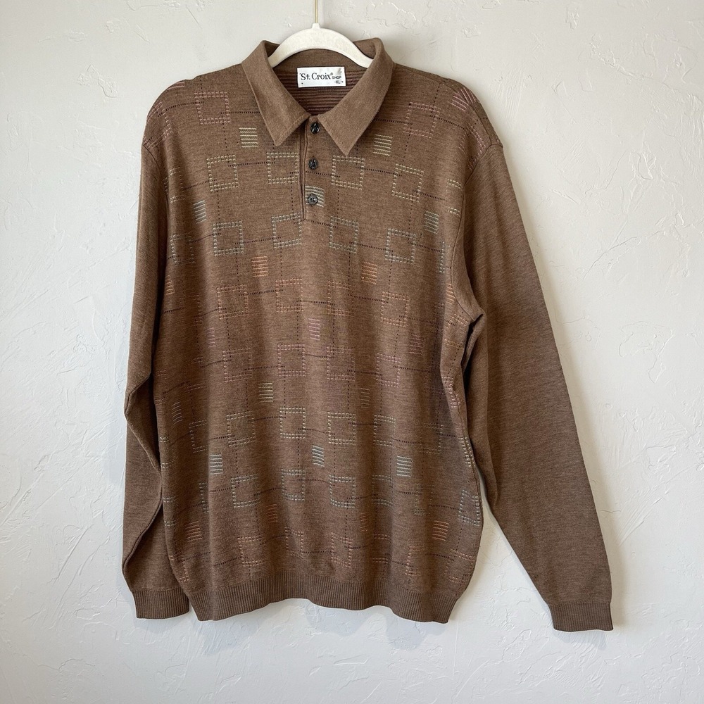 Vtg Sweater XL 80s 70s Mens Collar henley Sweater Abstract Brown retro office‎